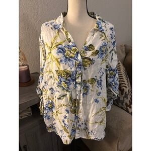 Joie women's 2x linen floral white long sleeve top button‎ up